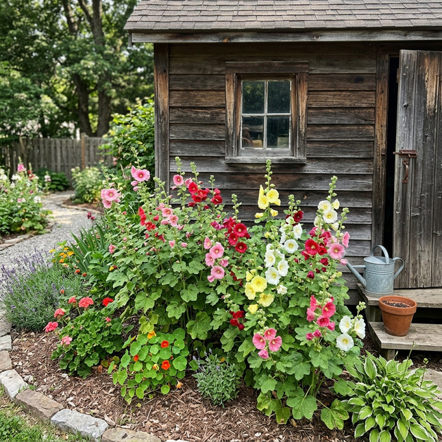100 Dwarf Mixed Hollyhock Seeds for Planting - Long Lasting Patio Blooms, Drought Tolerant