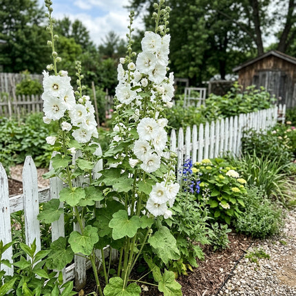 Beautiful 100 Hollyhock Flower Seeds, Double White - Vibrant Floral Display, Easy to Grow, Stunning Yard Decor