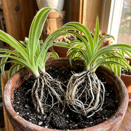 Set of 2 Live Variegated Spider Plant Cuttings - Rooted Houseplant Starter Plant for Indoor Home Decor and Air Purification