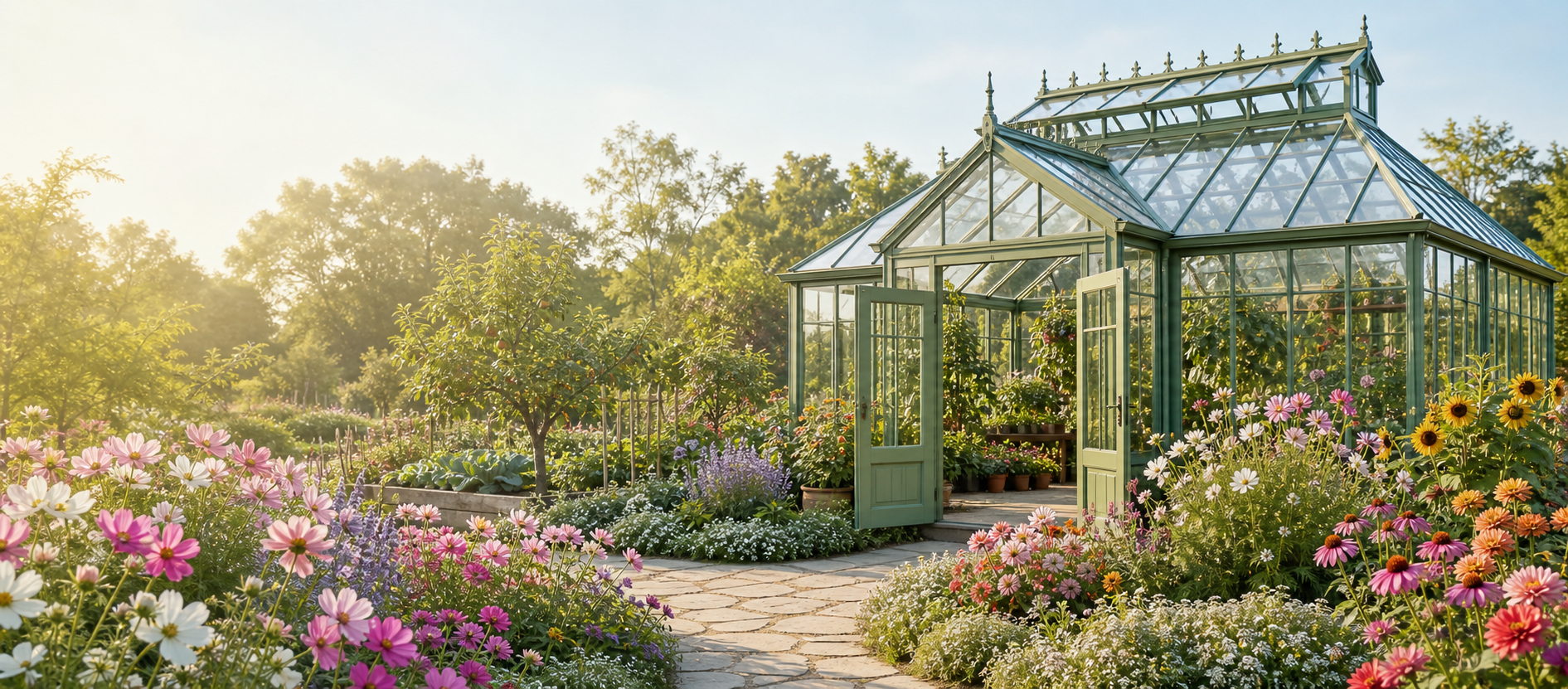 Large NYGardenia sage greenhouse surrounded by blooming cottage-garden flowers